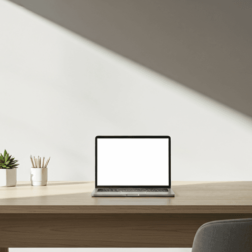 A serene minimalist workspace with a laptop on a wooden desk, soft natural light, a plant accent — the calm focus the product is built for.